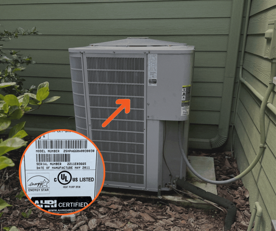 Product specifications on an HVAC unit.