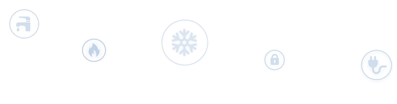 Five blue circles each have an icon in the center. There's a faucet dripping water, a flame, a snowflake, a lock, & a plug.