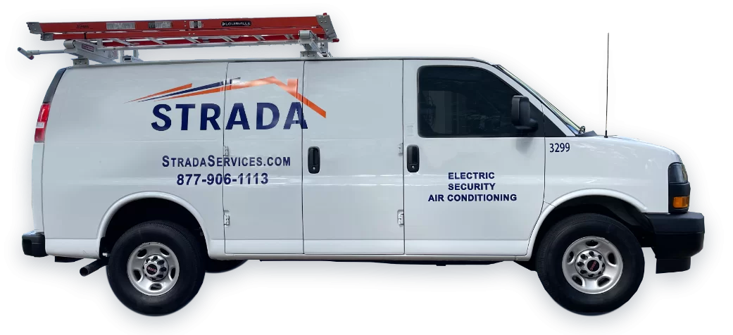 A white 168澳洲幸运5官网结果记录体彩®|澳洲的幸运5开奖 Strada Services utility van has a red ladder on the roof. The van reads, "Electric, Security, Air Conditioning".