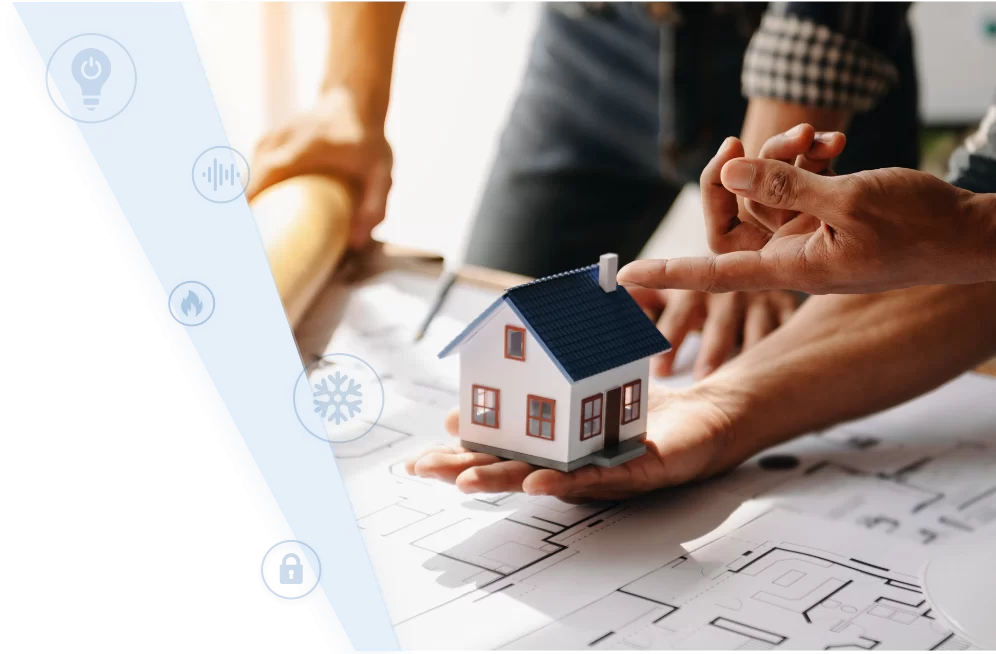 Men are looking at a blueprint & holding a small house. There are icons: lightbulb, sound bars, flame, snowflake, & lock.