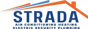 A logo that reads, "Strada Air Conditioning Heating Electric Security Plumbing" with a blue and orange roof.