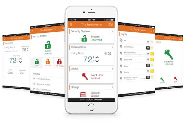 An iPhone screen has a list of security controls for "The Smith Home". There's a panel of screens on each side of the phone.